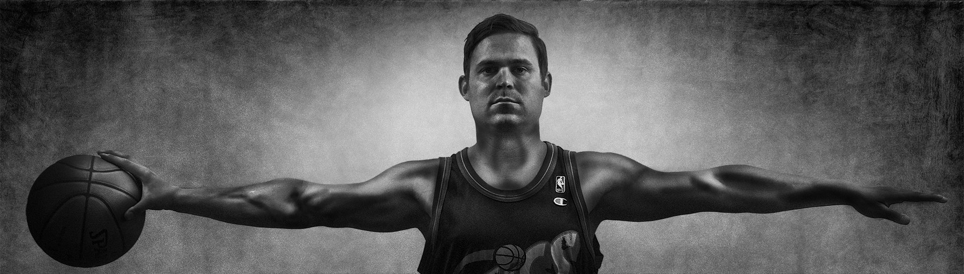 Elliott in a basketball jersey, arms spread wide, a ball in his right hand